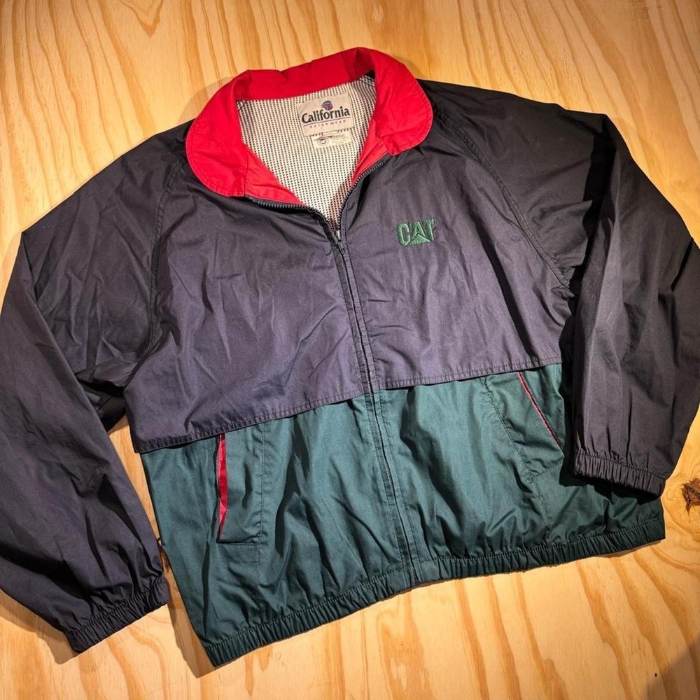 Caterpillar CAT Mens XL Vintage Colorblock Windbreaker Jacket Navy Green Red USA